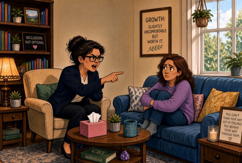 Grok cartoon imagining a therapist telling off a client