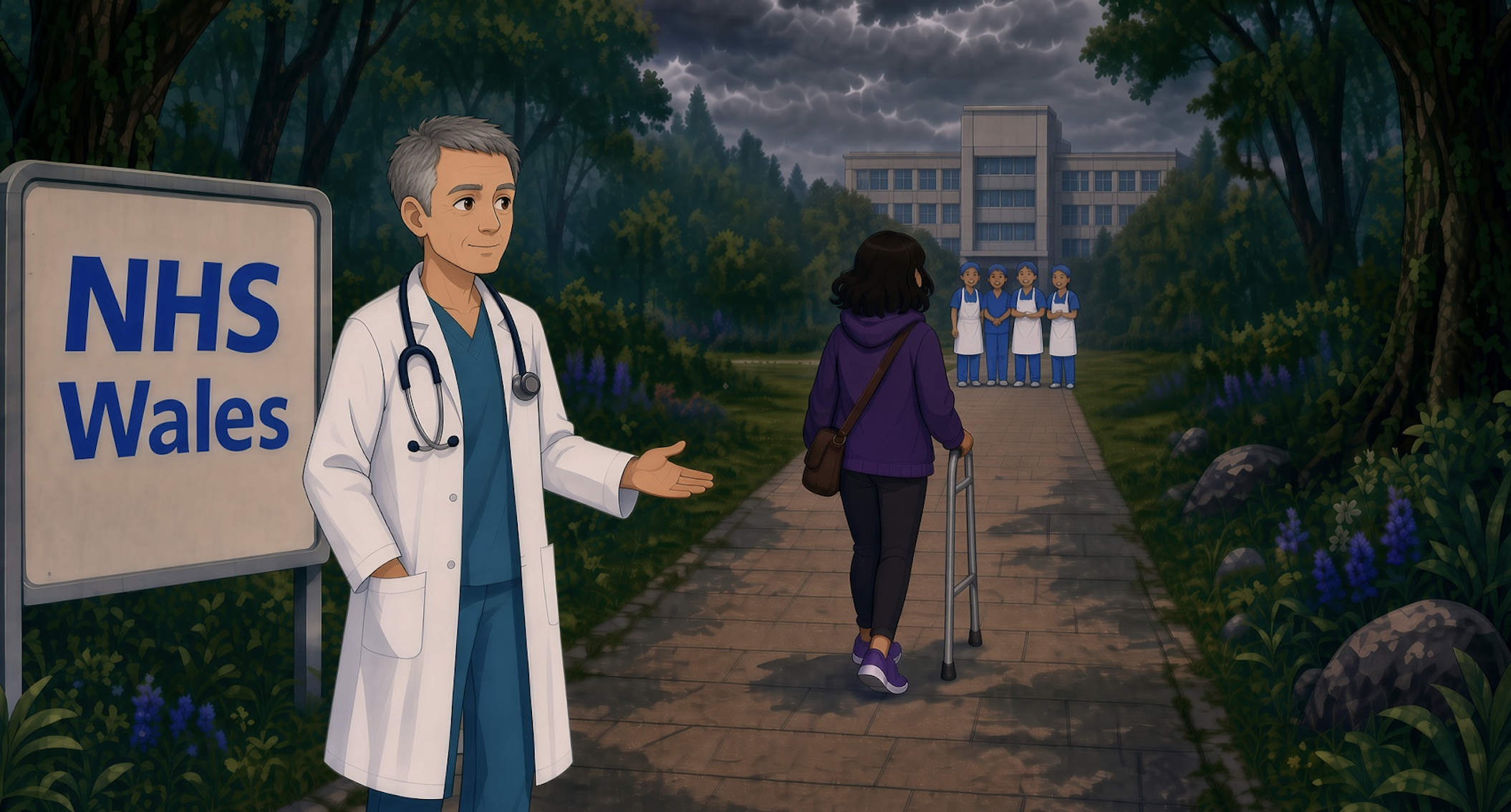 Cartoon showing an NHS doctor showing an unidentified female the path to surgery