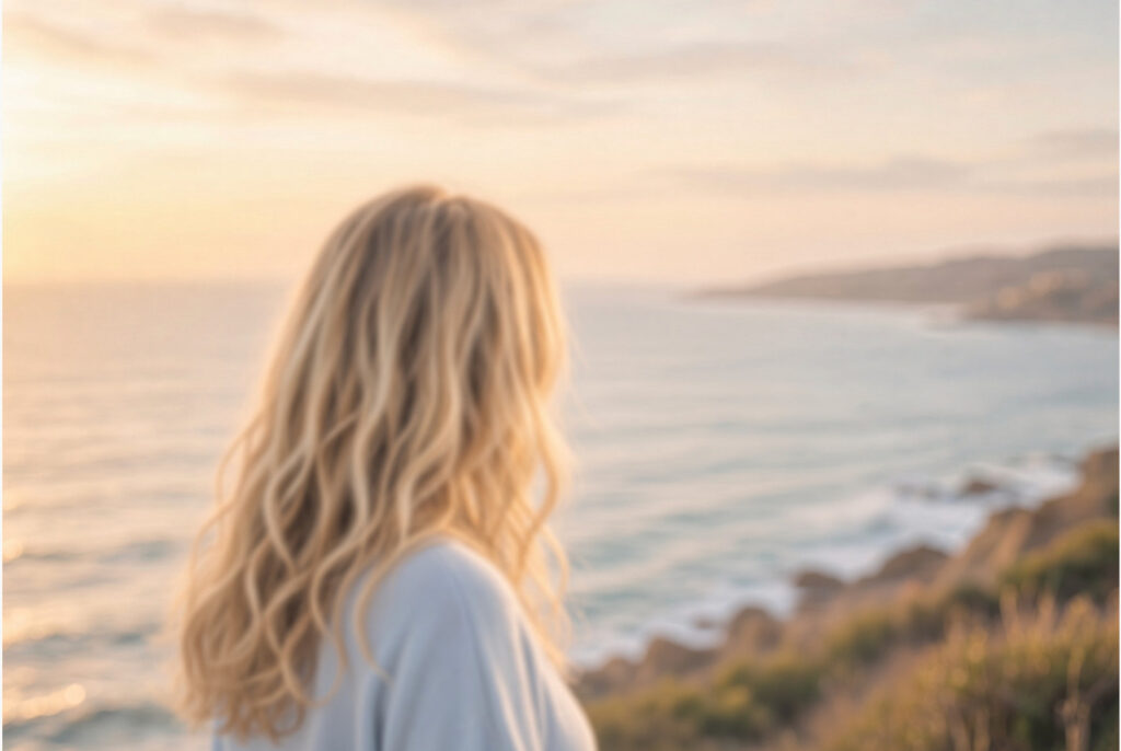 AI generated image of a woman looking out to sea.